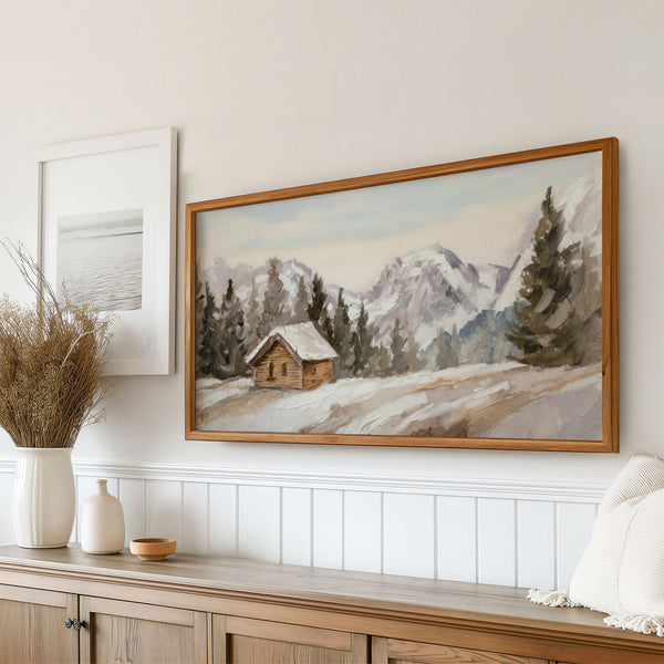 Winter Landscape No.7 - Log Cabin in the Mountains - Abstract Painting - Neutral Earth Tones - 4K Samsung Frame TV Art - Digital Download