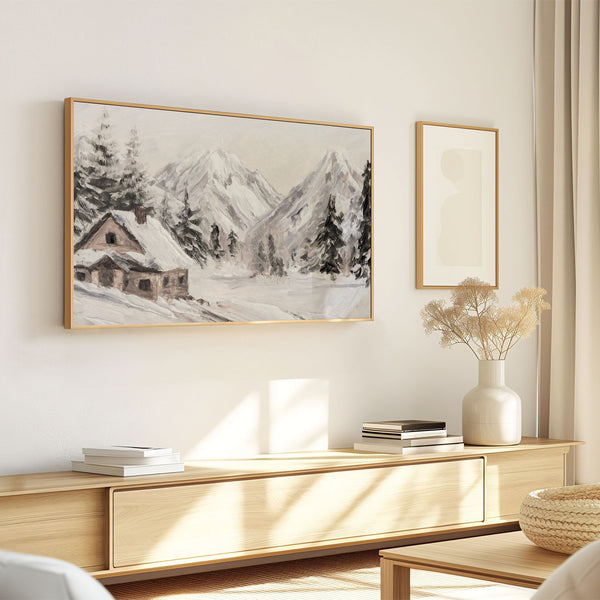 Winter Landscape No.8 - Wooden Cabin in the Mountains - Abstract Painting - Neutral Colors - 4K Samsung Frame TV Art - Digital Download