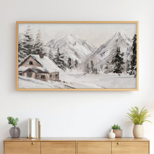 Winter Landscape No.8 - Wooden Cabin in the Mountains - Abstract Painting - Neutral Colors - 4K Samsung Frame TV Art - Digital Download