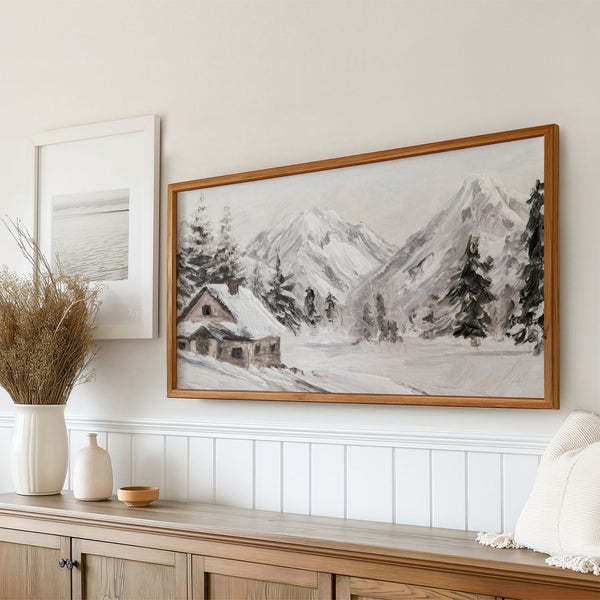 Winter Landscape No.8 - Wooden Cabin in the Mountains - Abstract Painting - Neutral Colors - 4K Samsung Frame TV Art - Digital Download