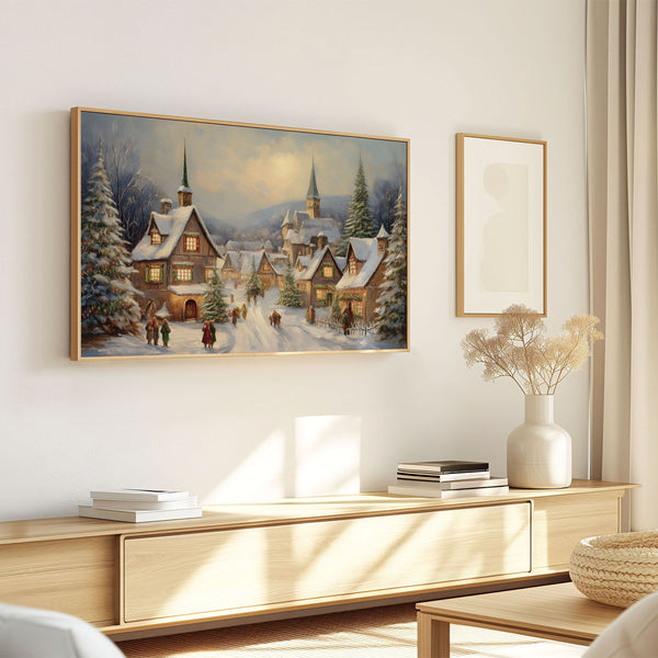 Snowy Vintage Christmas Village in the Mountains - Neutral Colors Painting - 4K Samsung Frame TV Art - Digital Download