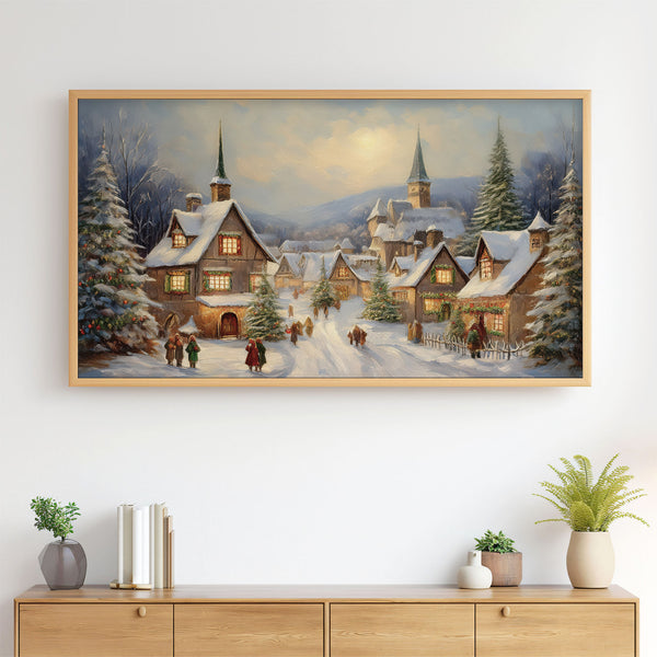 Snowy Vintage Christmas Village in the Mountains - Neutral Colors Painting - 4K Samsung Frame TV Art - Digital Download