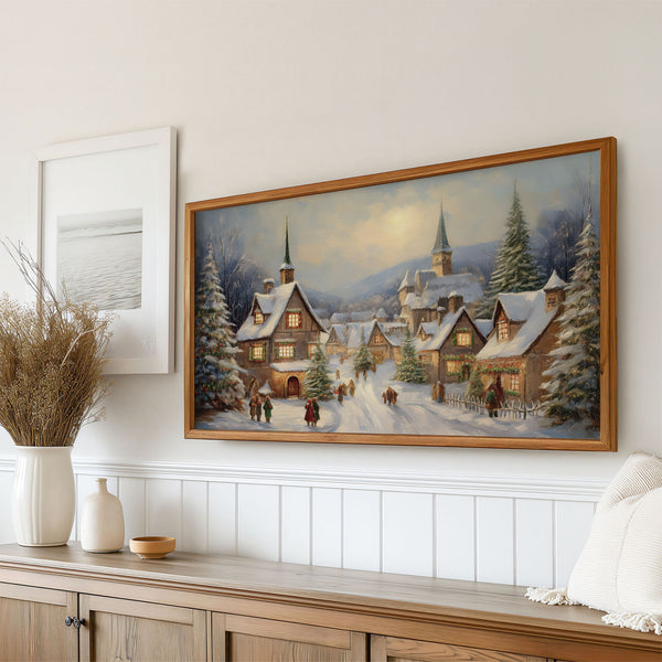 Snowy Vintage Christmas Village in the Mountains - Neutral Colors Painting - 4K Samsung Frame TV Art - Digital Download