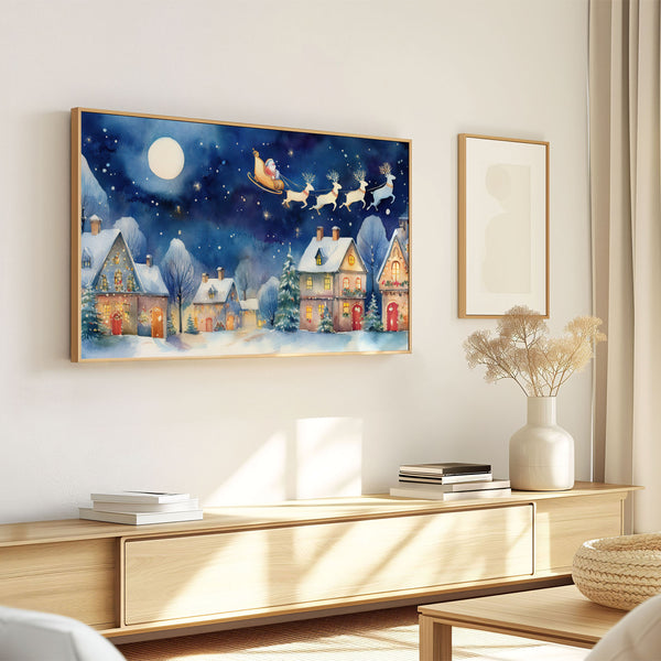 Folk Naive Watercolor Christmas Illustration No.1 - Santa’s Sleigh Over Illuminated Village - 4K Samsung Frame TV Art - Digital Download