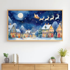 Folk Naive Watercolor Christmas Illustration No.1 - Santa’s Sleigh Over Illuminated Village - 4K Samsung Frame TV Art - Digital Download