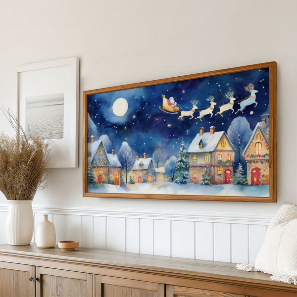 Folk Naive Watercolor Christmas Illustration No.1 - Santa’s Sleigh Over Illuminated Village - 4K Samsung Frame TV Art - Digital Download