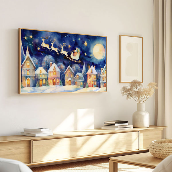 Folk Naive Watercolor Christmas Illustration No.2 - Santa’s Sleigh Over Illuminated Village - 4K Samsung Frame TV Art - Digital Download