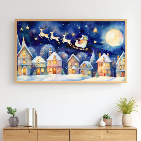 Folk Naive Watercolor Christmas Illustration No.2 - Santa’s Sleigh Over Illuminated Village - 4K Samsung Frame TV Art - Digital Download