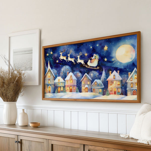 Folk Naive Watercolor Christmas Illustration No.2 - Santa’s Sleigh Over Illuminated Village - 4K Samsung Frame TV Art - Digital Download