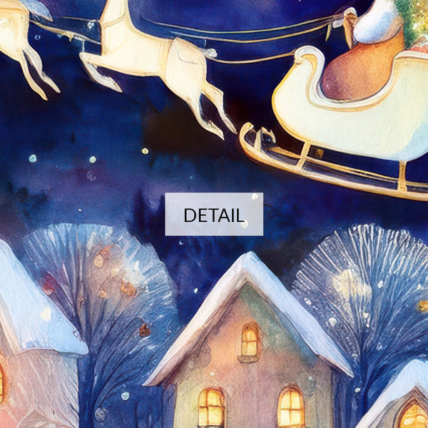 Folk Naive Watercolor Christmas Illustration No.2 - Santa’s Sleigh Over Illuminated Village - 4K Samsung Frame TV Art - Digital Download