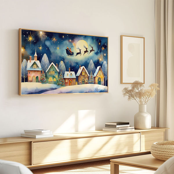 Folk Naive Watercolor Christmas Illustration No.3 - Santa’s Sleigh Over Illuminated Village - 4K Samsung Frame TV Art - Digital Download