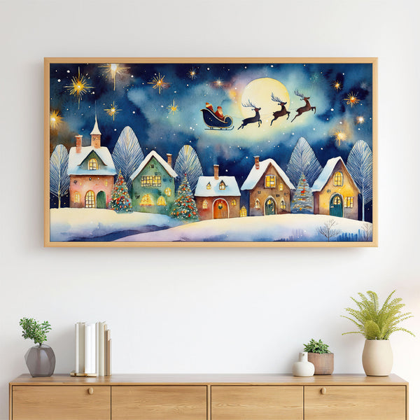 Folk Naive Watercolor Christmas Illustration No.3 - Santa’s Sleigh Over Illuminated Village - 4K Samsung Frame TV Art - Digital Download