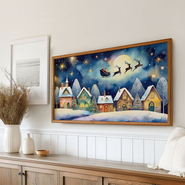 Folk Naive Watercolor Christmas Illustration No.3 - Santa’s Sleigh Over Illuminated Village - 4K Samsung Frame TV Art - Digital Download