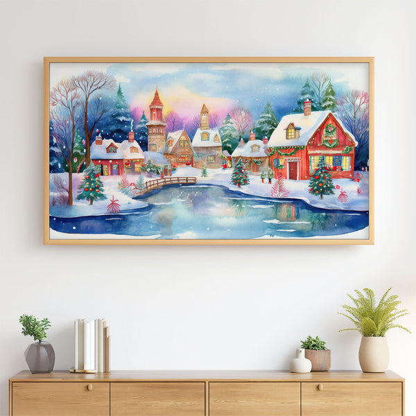 Colorful Folk Naive Imaginary Snowy Christmas Village - Cute Watercolor Illustration - 4K Samsung Frame TV Art - Digital Download