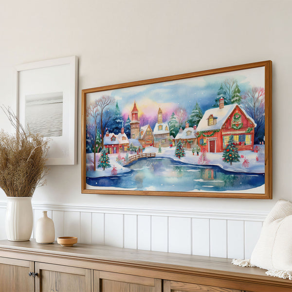 Colorful Folk Naive Imaginary Snowy Christmas Village - Cute Watercolor Illustration - 4K Samsung Frame TV Art - Digital Download