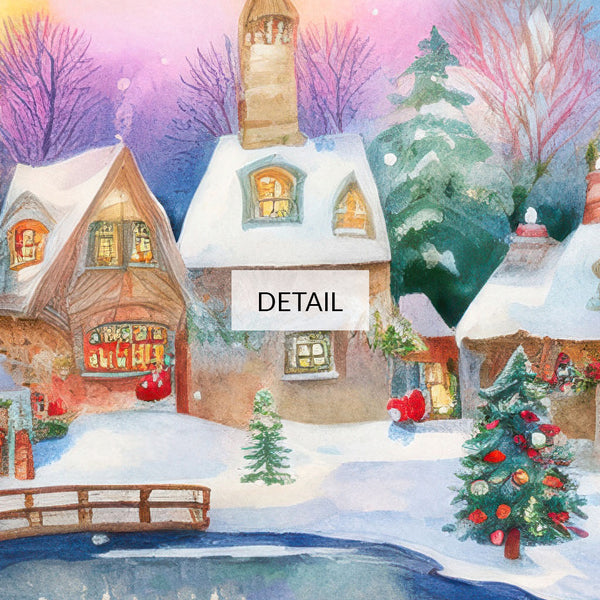 Colorful Folk Naive Imaginary Snowy Christmas Village - Cute Watercolor Illustration - 4K Samsung Frame TV Art - Digital Download