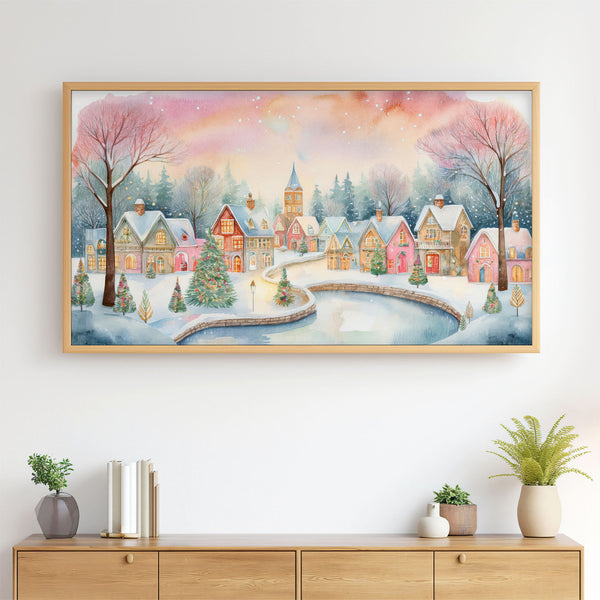 Pink Pastel Cute Snowy Imaginary Christmas Village - Folk Naive Watercolor Illustration - 4K Samsung Frame TV Art - Digital Download