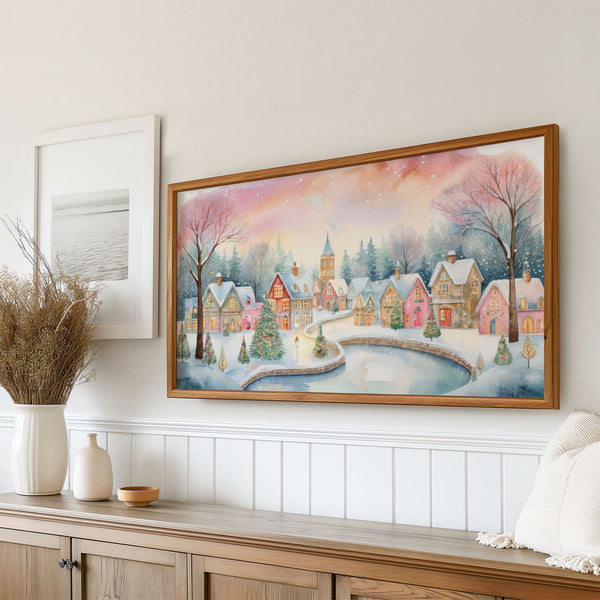 Pink Pastel Cute Snowy Imaginary Christmas Village - Folk Naive Watercolor Illustration - 4K Samsung Frame TV Art - Digital Download