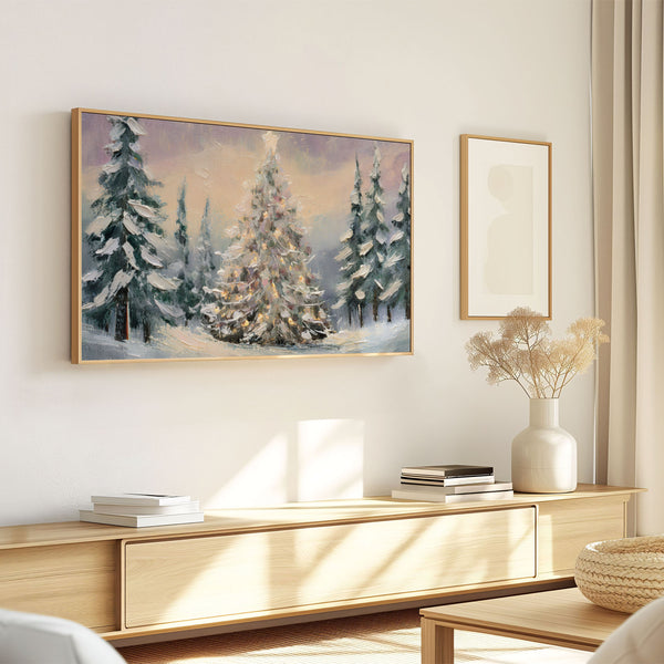 Christmas Samsung Frame TV Art 4K - Illuminated Tree in Pine Forest - Soft Pastel Colors - Impasto Palette Knife Painting - Digital Download