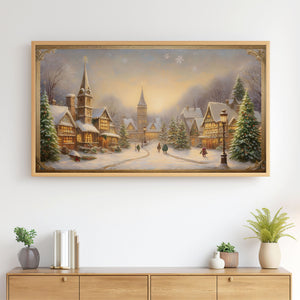 Vintage Style Painting of a Christmas Village at Night - Old Postcard - 4K Samsung Frame TV Art - Digital Download