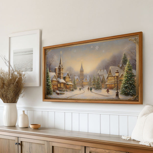 Vintage Style Painting of a Christmas Village at Night - Old Postcard - 4K Samsung Frame TV Art - Digital Download