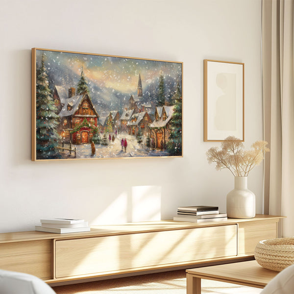 Cozy Rustic Christmas Village at Dusk with Snow Falling - Vintage Style Painting - 4K Samsung Frame TV Art - Digital Download