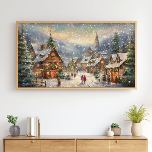 Cozy Rustic Christmas Village at Dusk with Snow Falling - Vintage Style Painting - 4K Samsung Frame TV Art - Digital Download