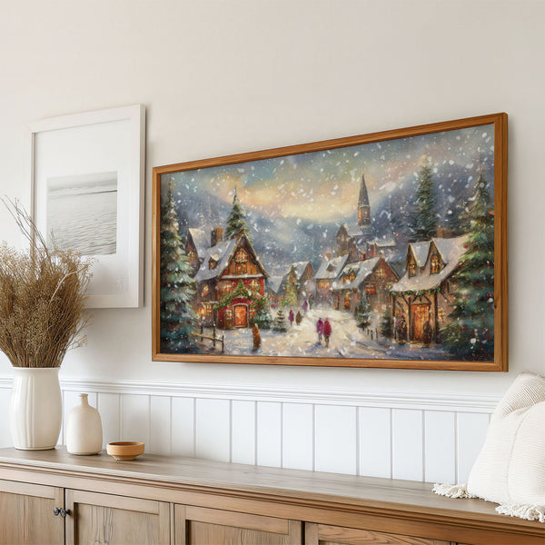 Cozy Rustic Christmas Village at Dusk with Snow Falling - Vintage Style Painting - 4K Samsung Frame TV Art - Digital Download