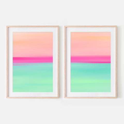 Set of 2 - Gradient Paintings No.7 - Peach Blush Hot Pink Turquoise Mint - Abstract Minimalist Tropical Printable Wall Art - Digital Download