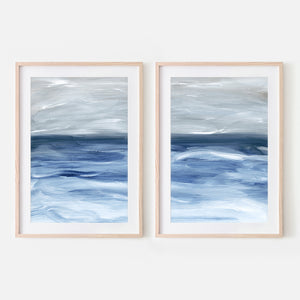 Set of 2 - Ocean Waves Abstract Landscape Painting - Printable Wall Art - Indigo Navy Blue Gray White Beach Coastal Decor - Digital Download