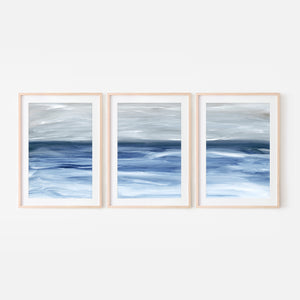 Set of 3 - Ocean Waves Abstract Landscape Triptych Painting - Printable Wall Art - Navy Blue Gray White Beach Coastal Decor - Digital Download