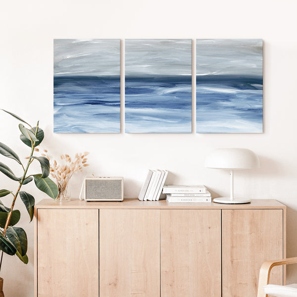 Set of 3 - Ocean Waves Abstract Landscape Triptych Painting - Printable Wall Art - Navy Blue Gray White Beach Coastal Decor - Digital Download