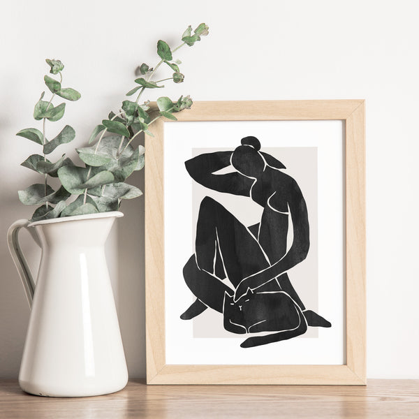 Matisse-Inspired Illustration - Abstract Black Woman Figure With Cat - Printable Wall Art Print - Digital Download