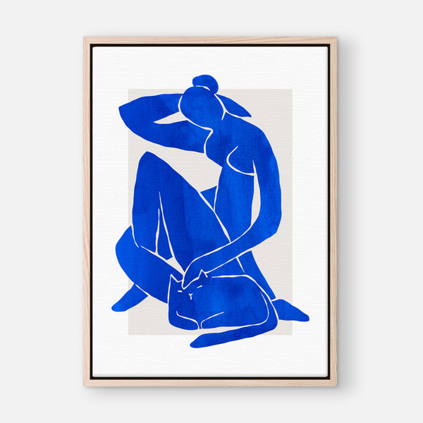Matisse-Inspired Illustration - Blue Nude - Abstract Woman Figure With Cat - Printable Wall Art Print - Digital Download