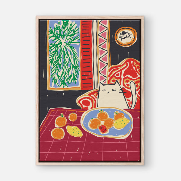 Matisse-Inspired Illustration - Cat in Red Armchair with Citrus Fruits on Table - Printable Wall Art Print - Digital Download