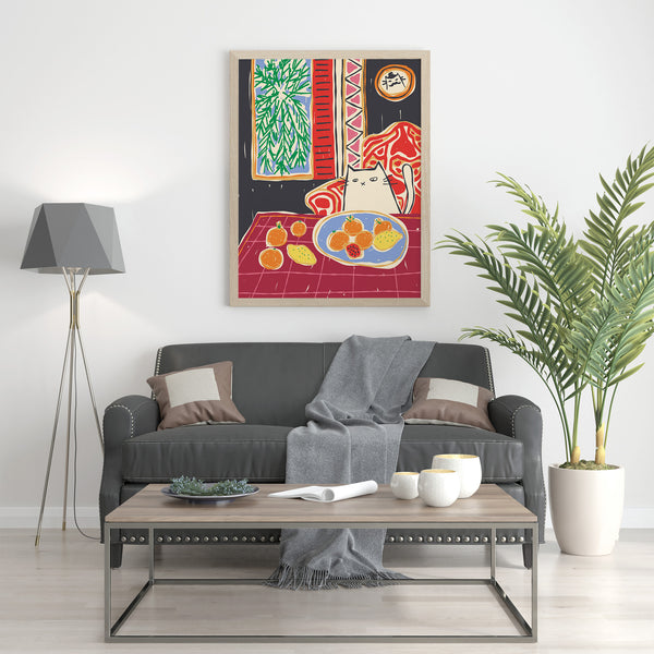 Matisse-Inspired Illustration - Cat in Red Armchair with Citrus Fruits on Table - Printable Wall Art Print - Digital Download