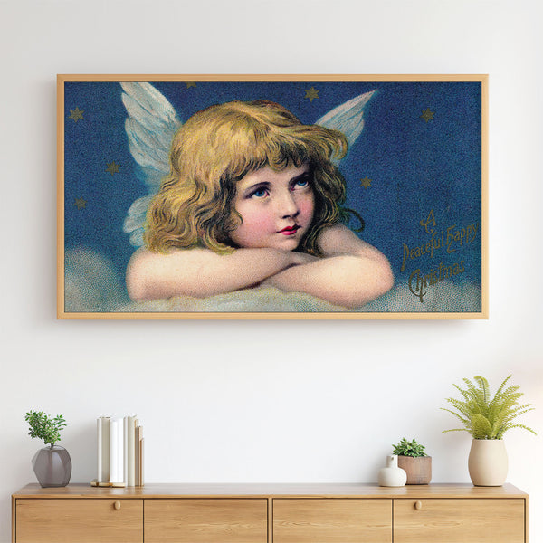 Vintage Christmas Postcard - Angel on Cloud & Night Blue Sky with Stars - 4K Samsung Frame TV Art - Digital Download