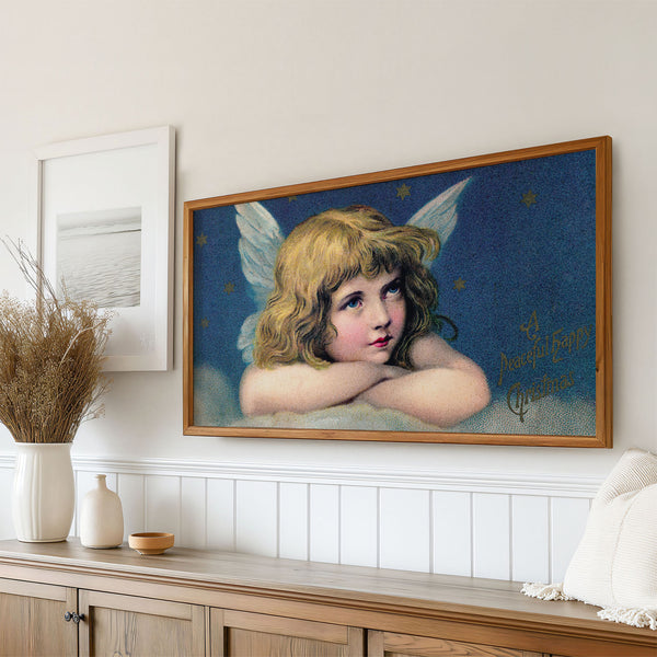 Vintage Christmas Postcard - Angel on Cloud & Night Blue Sky with Stars - 4K Samsung Frame TV Art - Digital Download