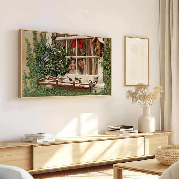 Vintage Postcard - The Birds’ Christmas Tree - 4K Samsung Frame TV Art - Digital Download