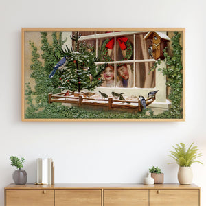 Vintage Postcard - The Birds’ Christmas Tree - 4K Samsung Frame TV Art - Digital Download