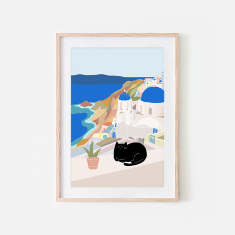 Black Cat in Santorini Greece - Printable Wall Art Print - Cute Colorful Travel Landscape Illustration - Digital Download