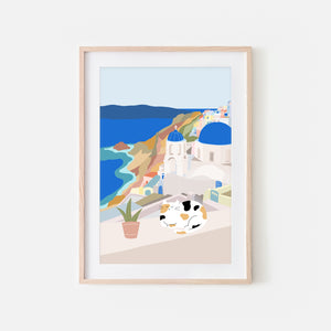 Calico Cat in Santorini Greece - Printable Wall Art Print - Cute Colorful Travel Landscape Illustration - Digital Download