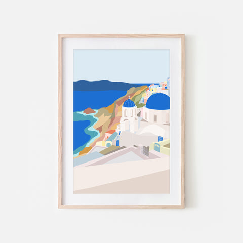 Santorini Greece - Printable Wall Art Print - Colorful Travel Landscape Illustration - Digital Download