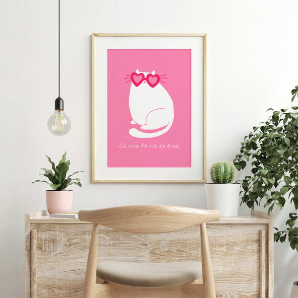 Je vois la vie en rose - Cat in Hot Pink Heart Sunglasses - Printable Wall Art Print - Cute French Quote Poster - Digital Download