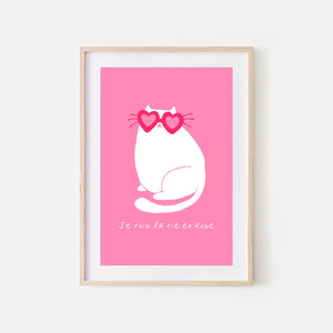 Je vois la vie en rose - Cat in Hot Pink Heart Sunglasses - Printable Wall Art Print - Cute French Quote Poster - Digital Download