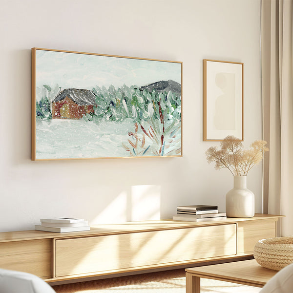 Landscape Painting No.25 - Abstract Snowy Winter Cabin in the Mountains - 4K Samsung Frame TV Art - Digital Download