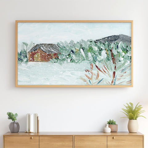 Landscape Painting No.25 - Abstract Snowy Winter Cabin in the Mountains - 4K Samsung Frame TV Art - Digital Download