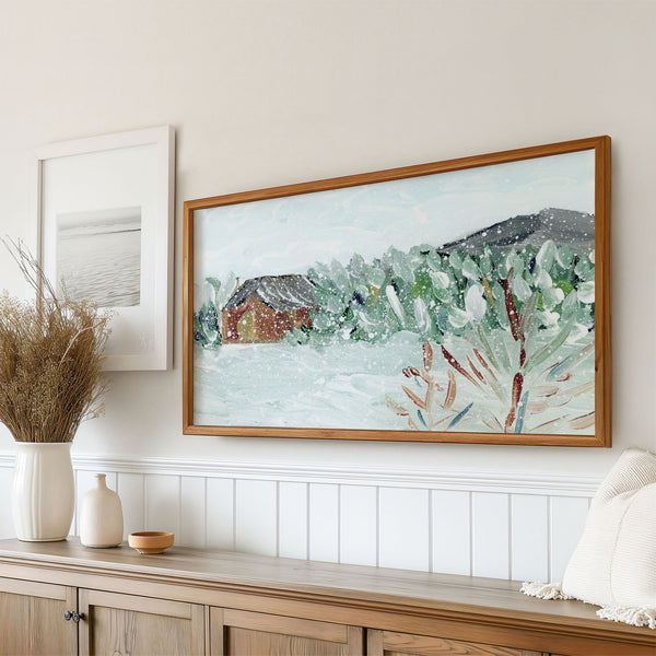 Landscape Painting No.25 - Abstract Snowy Winter Cabin in the Mountains - 4K Samsung Frame TV Art - Digital Download