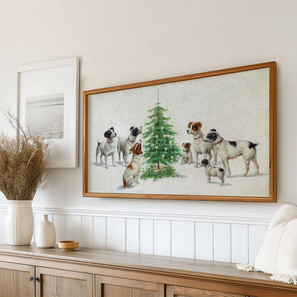 Holiday Samsung Frame TV Art 4K - Cute Dogs and Puppies Around Christmas Tree - Vintage Painting by Carl Reichert - Digital Download