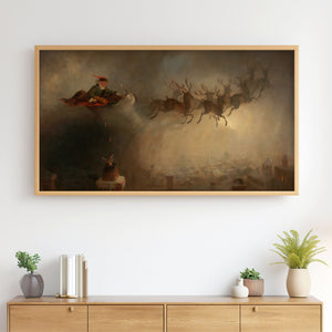 Vintage Christmas Samsung Frame TV Art 4K - Santa in Sleigh Over City Dropping Presents in Chimney - Digital Download